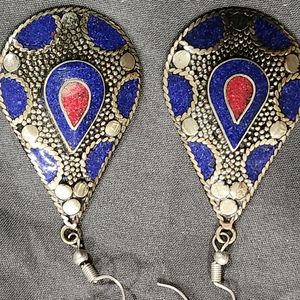 Source Unknown Blue and Red Teardrop Filigree Earrings